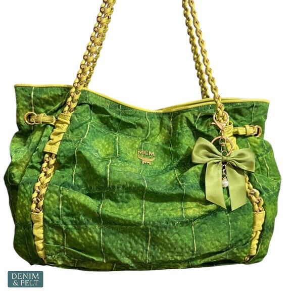 MCM Green Leather Shoulder Bag Gold Chain Handles Vintage Rare Purse Tote - Picture 3 of 16